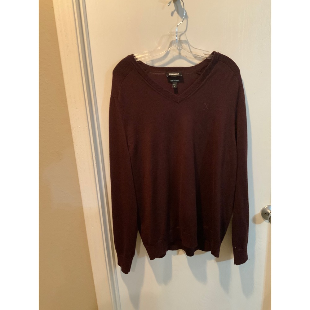 Express Mens Burgundy Merino Wool Blend V-Neck Sweater Maroon Pullover XL